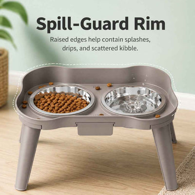 Paws in Awe Elevated Pet Feeder with Spill Guard for Cats & Dogs - Raised Dual Stainless Steel Bowls for Cleaner Floors