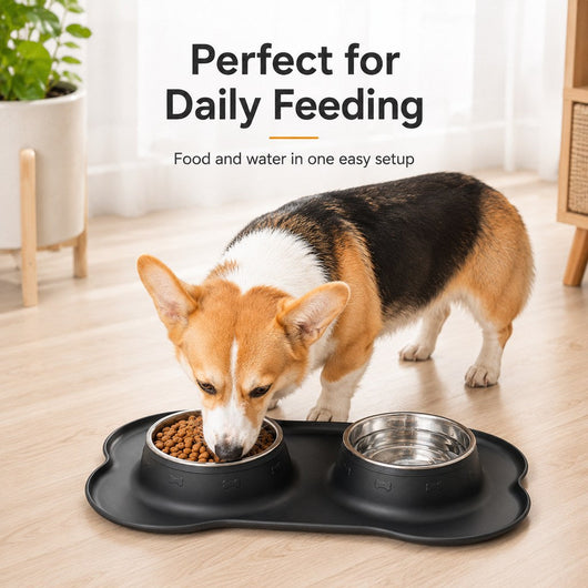 Spill-Proof Dual Pet Bowl with Raised Silicone Mat