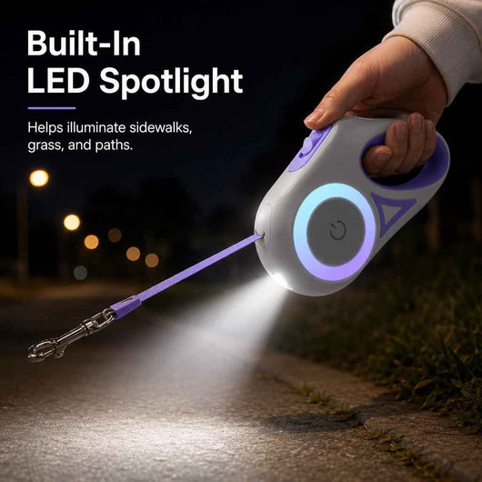 Paws in Awe LED Retractable Dog Leash for Night Walks - Light-Up Dog Leash with Built-In Spotlight, RGB Side Glow & One-Touch Brake for Safer Evening Walks