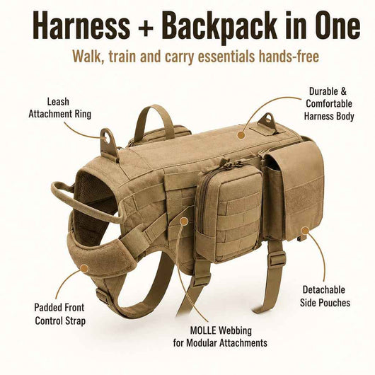 Paws in Awe Tactical Dog Backpack Harness for Hiking & Daily Walks - Detachable Pouches for Gear & Better Control