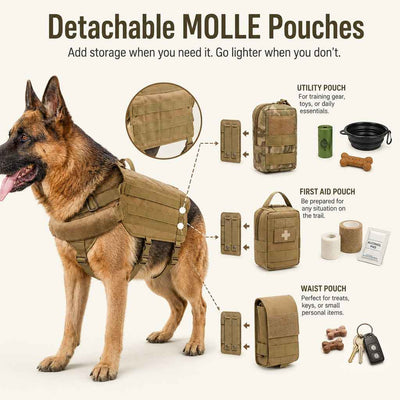 Paws in Awe Tactical Dog Backpack Harness for Hiking & Daily Walks - Detachable Pouches for Gear & Better Control