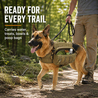 Paws in Awe Tactical Dog Backpack Harness for Hiking, Camping & Daily Walks - Hands-Free Storage for Water, Treats & Poop Bags