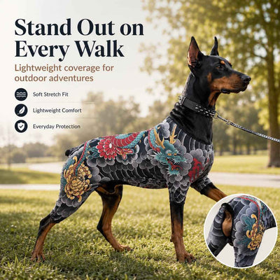 Paws in Awe Tattoo Print Dog & Cat Bodysuit for Walks & Photos - Soft Stretch Pet Onesie Helps Contain Loose Hair