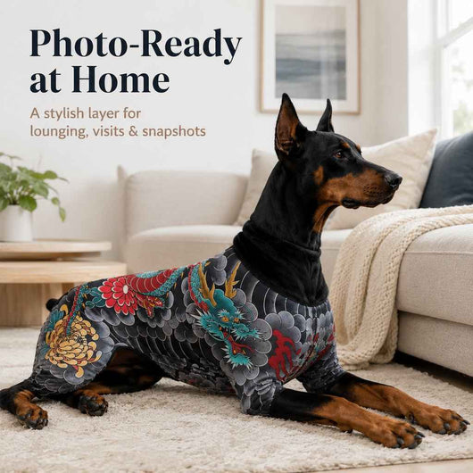 Paws in Awe Tattoo Print Dog & Cat Bodysuit for Walks & Photos - Soft Stretch Pet Onesie Helps Contain Loose Hair