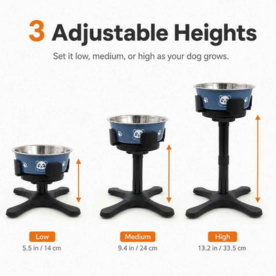 Paws in Awe French Bulldog Adjustable Elevated Tilted Dog Bowl for Kitchen Feeding Corners - 3-Height Stand with Slow Feeder Insert to Reduce Neck Bending & Mess
