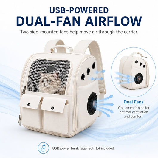 USB-Powered Dual-Fan Cat Carrier Backpack for Vet Visits & Everyday Travel - Fan-Assisted Cooling for Less-Stuffy Trips