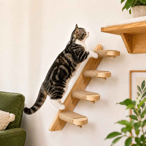 Paws in Awe Wall-Mounted Solid Wood Cat Steps for Shelves & Perches - Space-Saving Jute Climbing Ladder