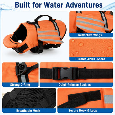 Komavic Dog Life Jacket Chin Float & Reflective Wings