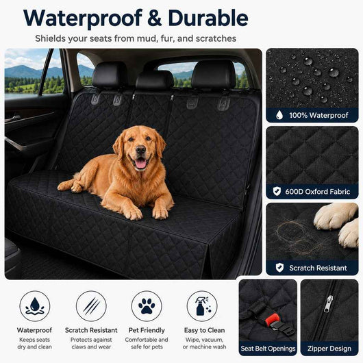 Paws in Awe Waterproof Dog Car Back Seat Cover for Road Trips - Protects from Mud, Fur & Scratches