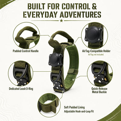 Komavic AirTag Dog Collar, Tactical Dog Collar with Control Handle, Adjustable Collar for Medium & Large Dogs