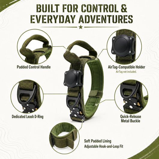 Komavic AirTag Dog Collar, Tactical Dog Collar with Control Handle, Adjustable Collar for Medium & Large Dogs